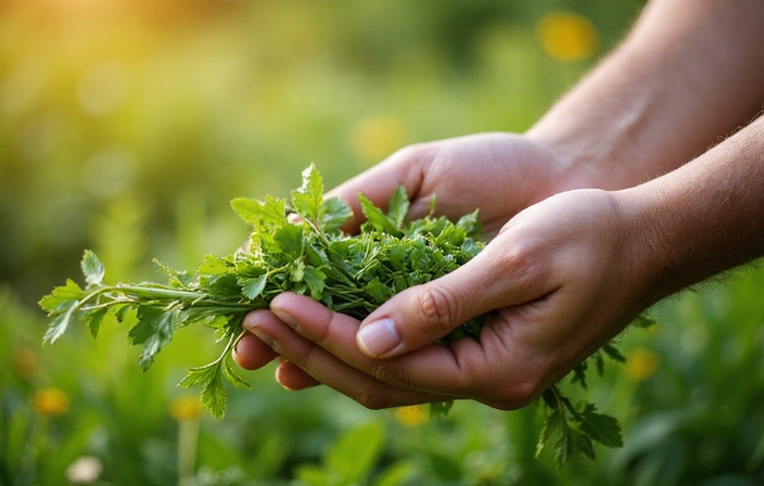 Image of a sustainable ingredient sourcing, perhaps hands harvesting herbs in a natural, clean environment.