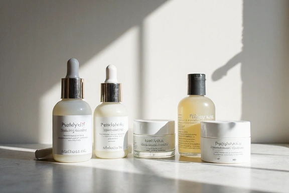 Different skincare products on a vanity